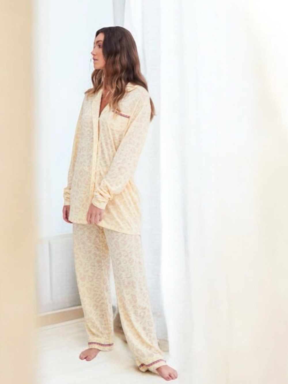 Pitusa Pima Cotton Sorbet Chetah Long Sleeve Embroidered 2-PC Button Down PJ Set